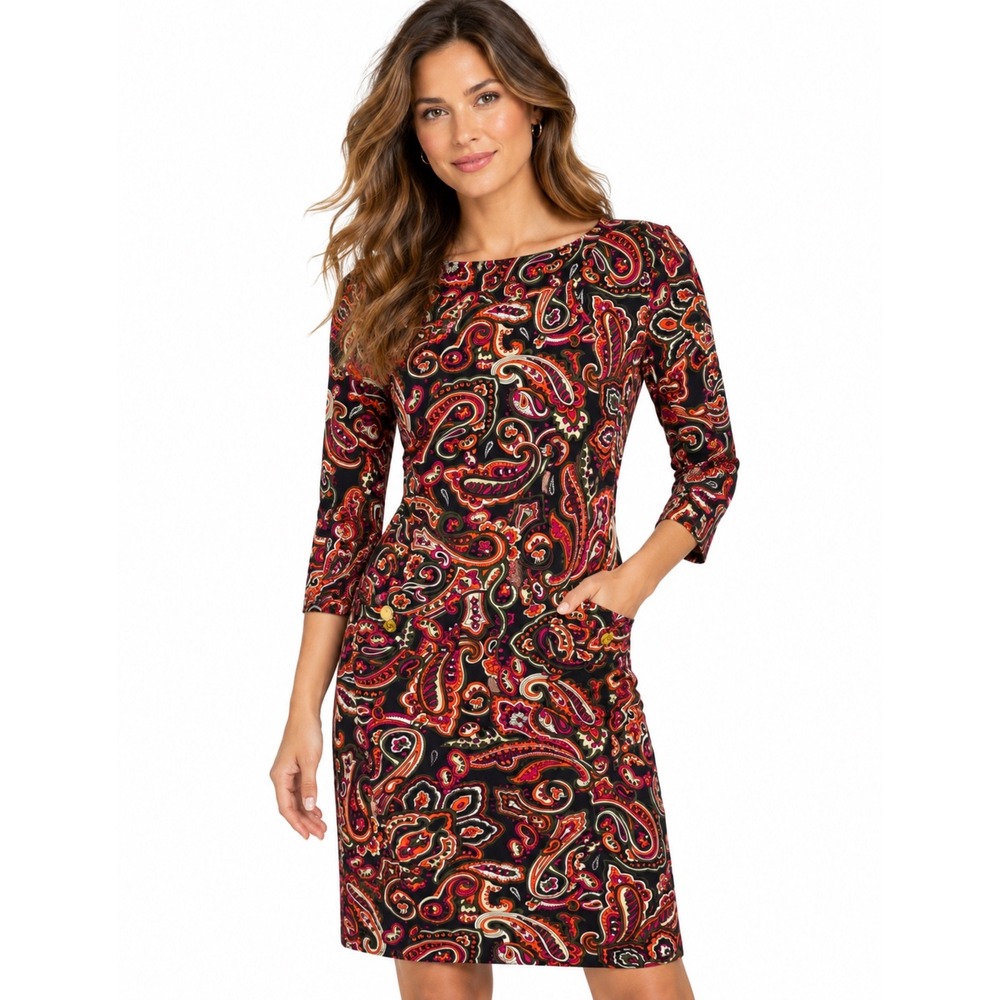Jude Connally Paisley Jude Cloth Shift Dress 3/4 Sleeve Multi Color XS 101097
